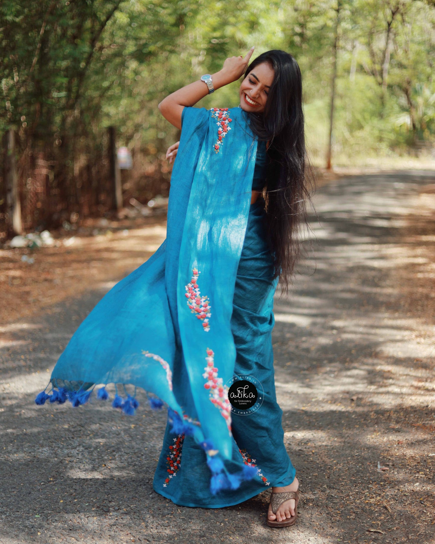 Dusk Blue Linen Saree with Hand Embroidery