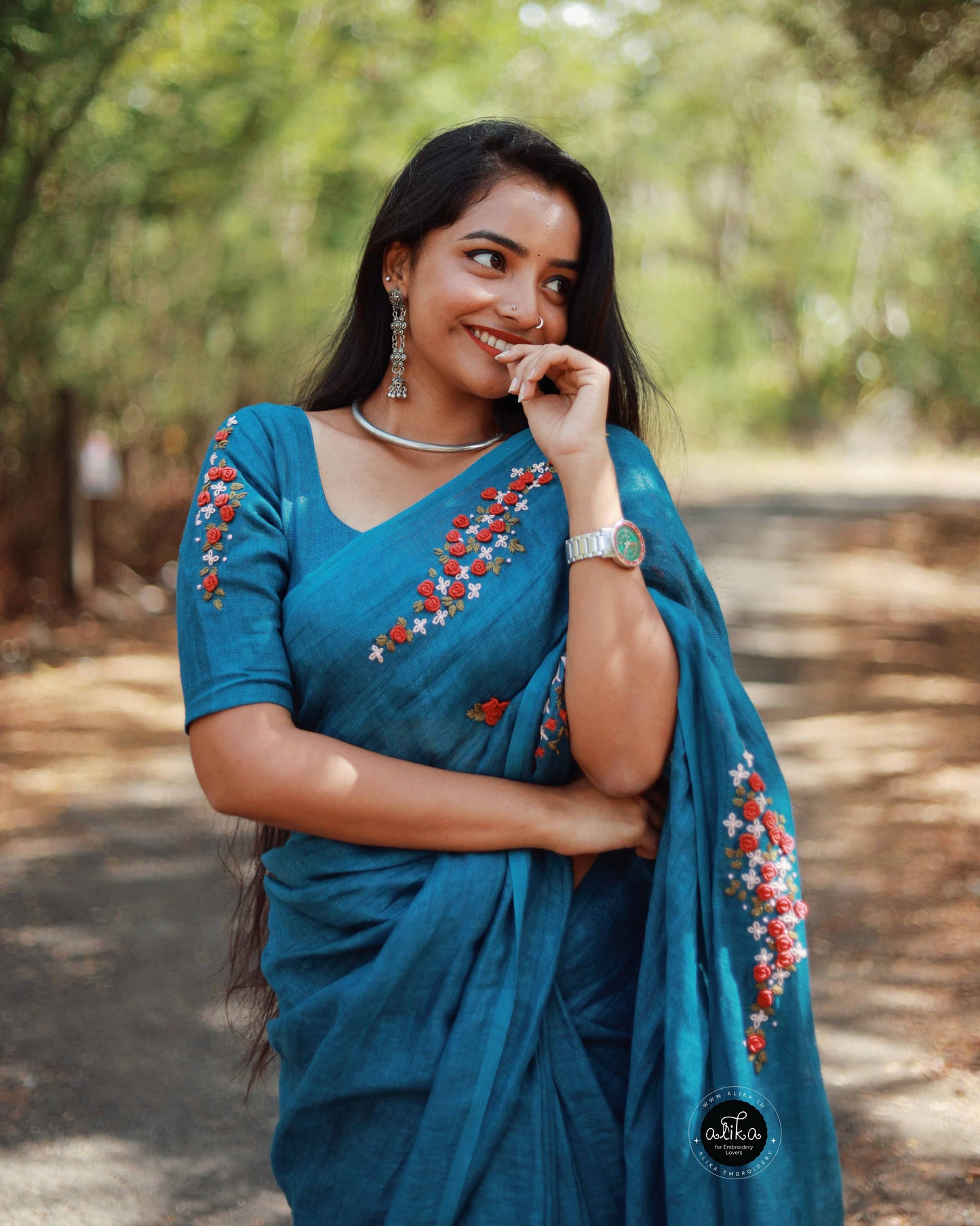 Dusk Blue Linen Saree with Hand Embroidery