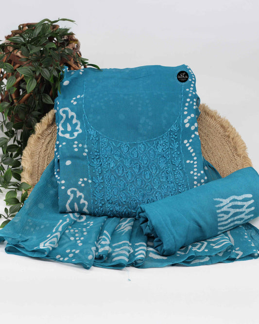 Blue Printed Georgette Unstitched Salwar Set with Hand Embroidery