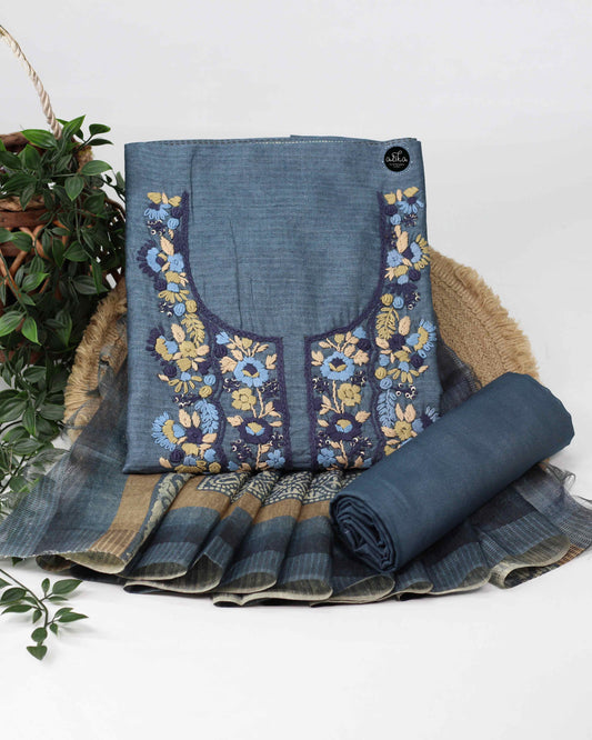 Dark Ash Blue Semi Silk Unstitched Salwar Set with Floral Hand Embroidery