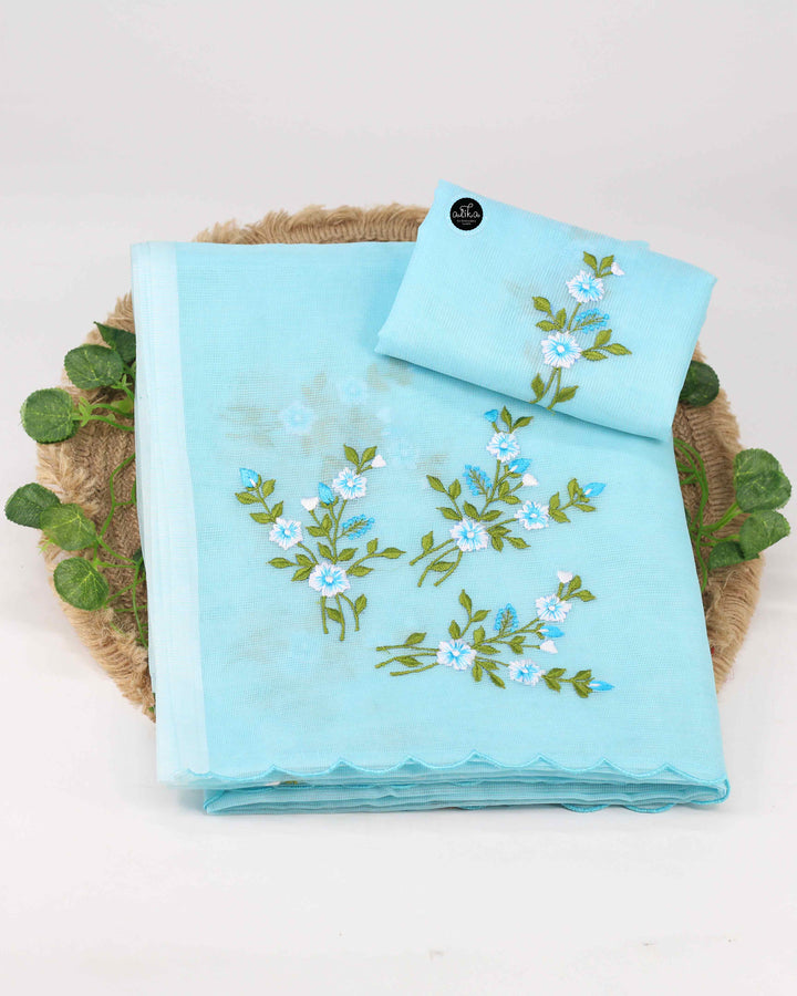 Light Blue Kota Saree with Floral Machine Embroidery