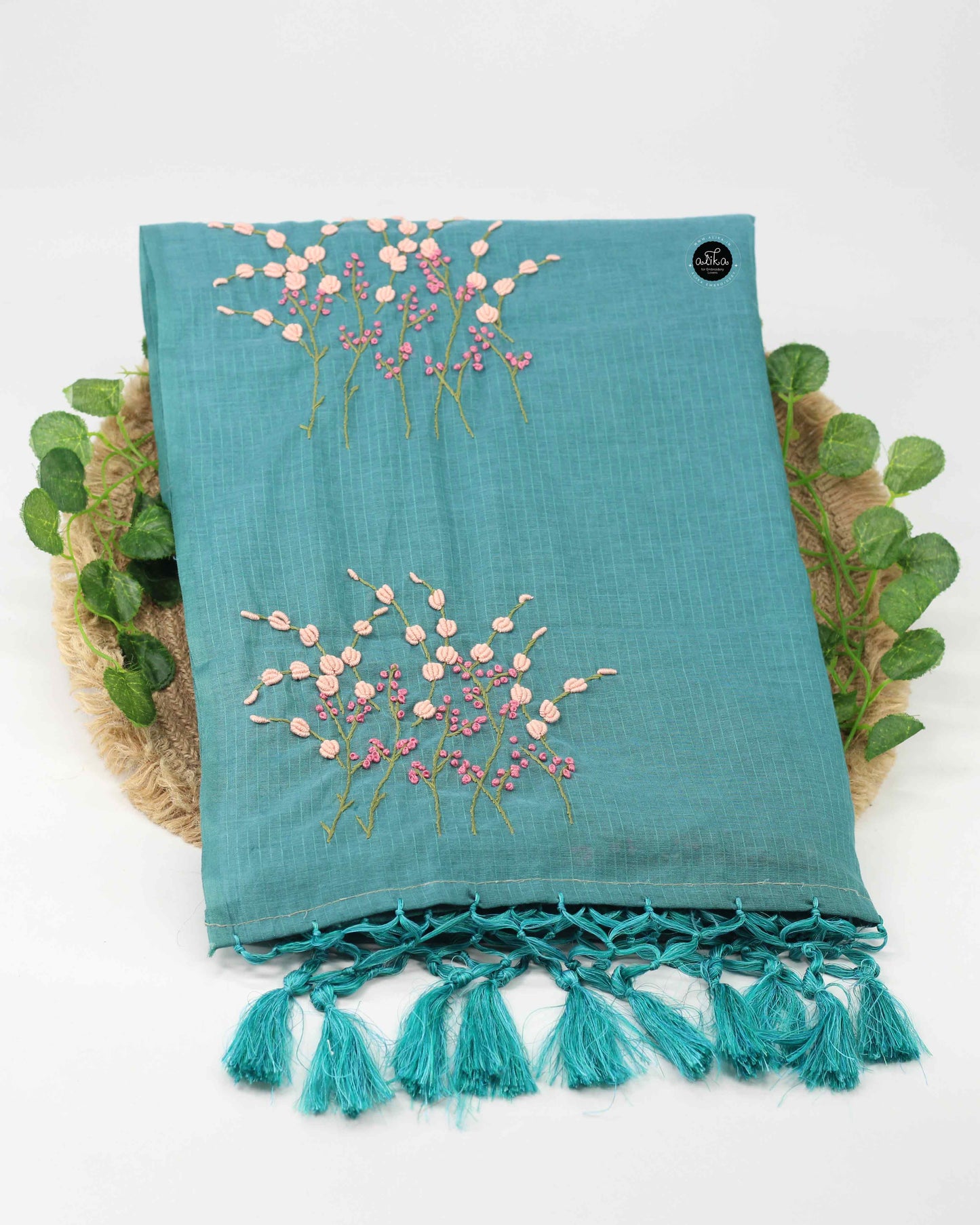 Teal Green Chanderi Saree with Floral Hand Embroidery – Elegant Festive Wear