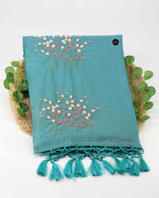 Teal Green Chanderi Saree with Floral Hand Embroidery – Elegant Festive Wear