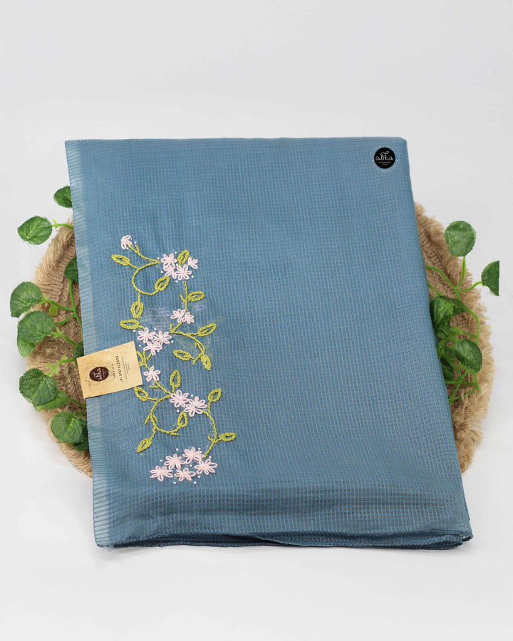 Ash Blue Bhagalpuri Silk Saree with Floral Hand Embroidery