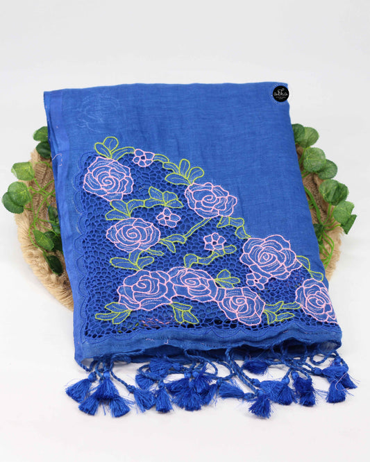 Royal Blue Pure Linen Saree with Floral Twine Cutwork