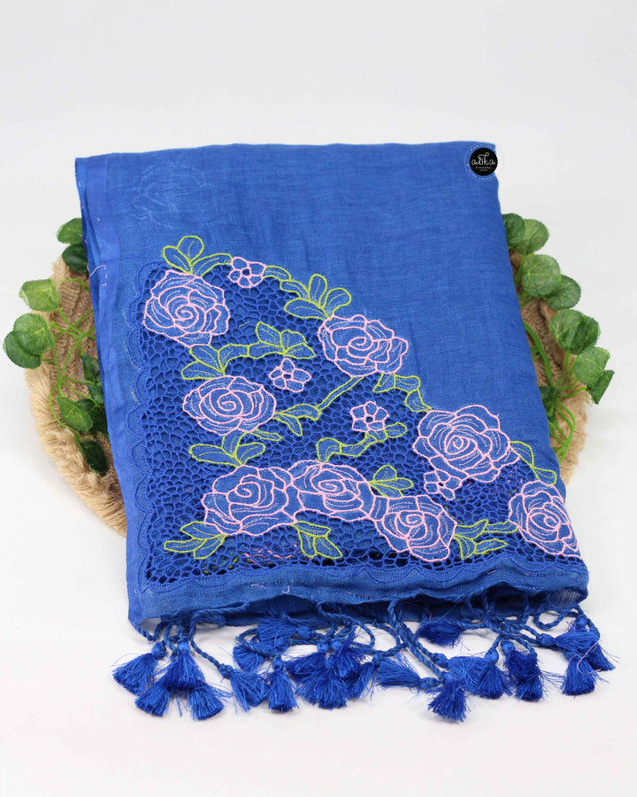 Royal Blue Pure Linen Saree with Floral Twine Cutwork