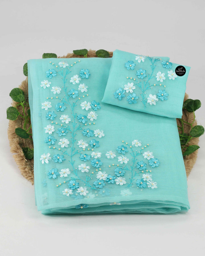 Light Blue Kota Saree with Floral Ribbon Embroidery