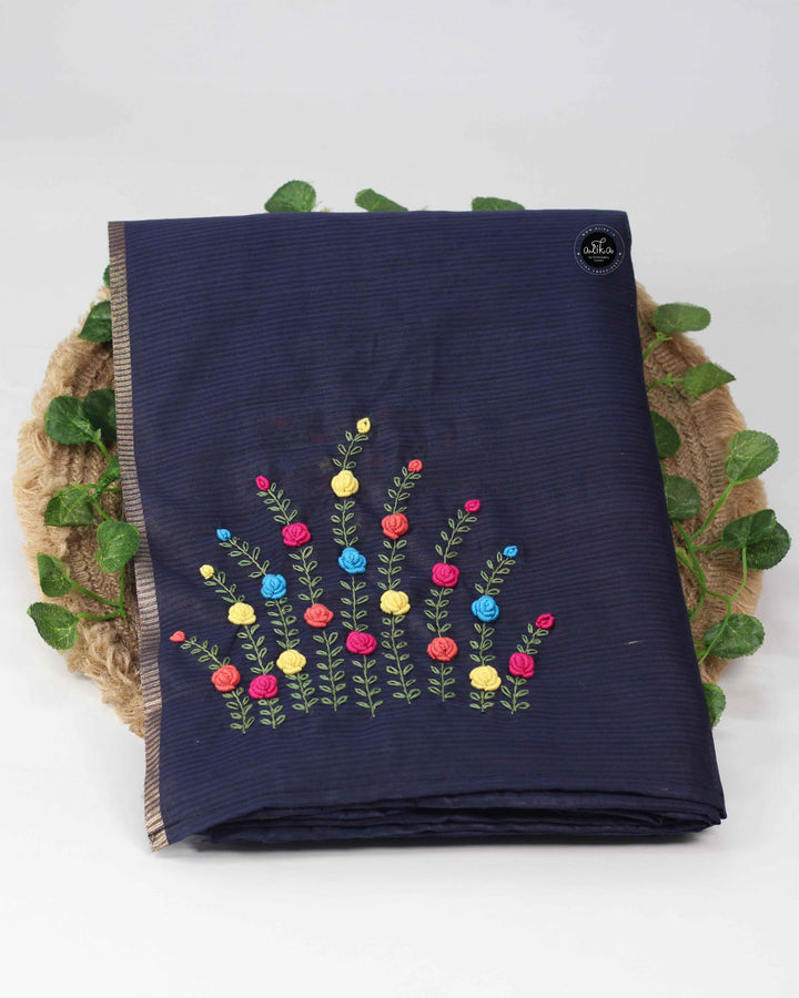 Navy Blue Semi Silk Saree with Multicolour Floral Hand Embroidery