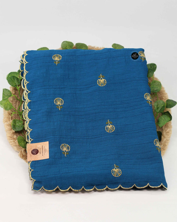Dark Blue Semi Silk Saree with Floral Machine Embroidery