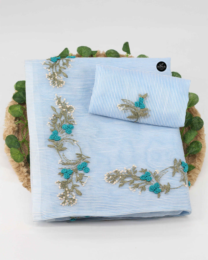 Light Blue Kota Saree with Floral Hand Embroidery