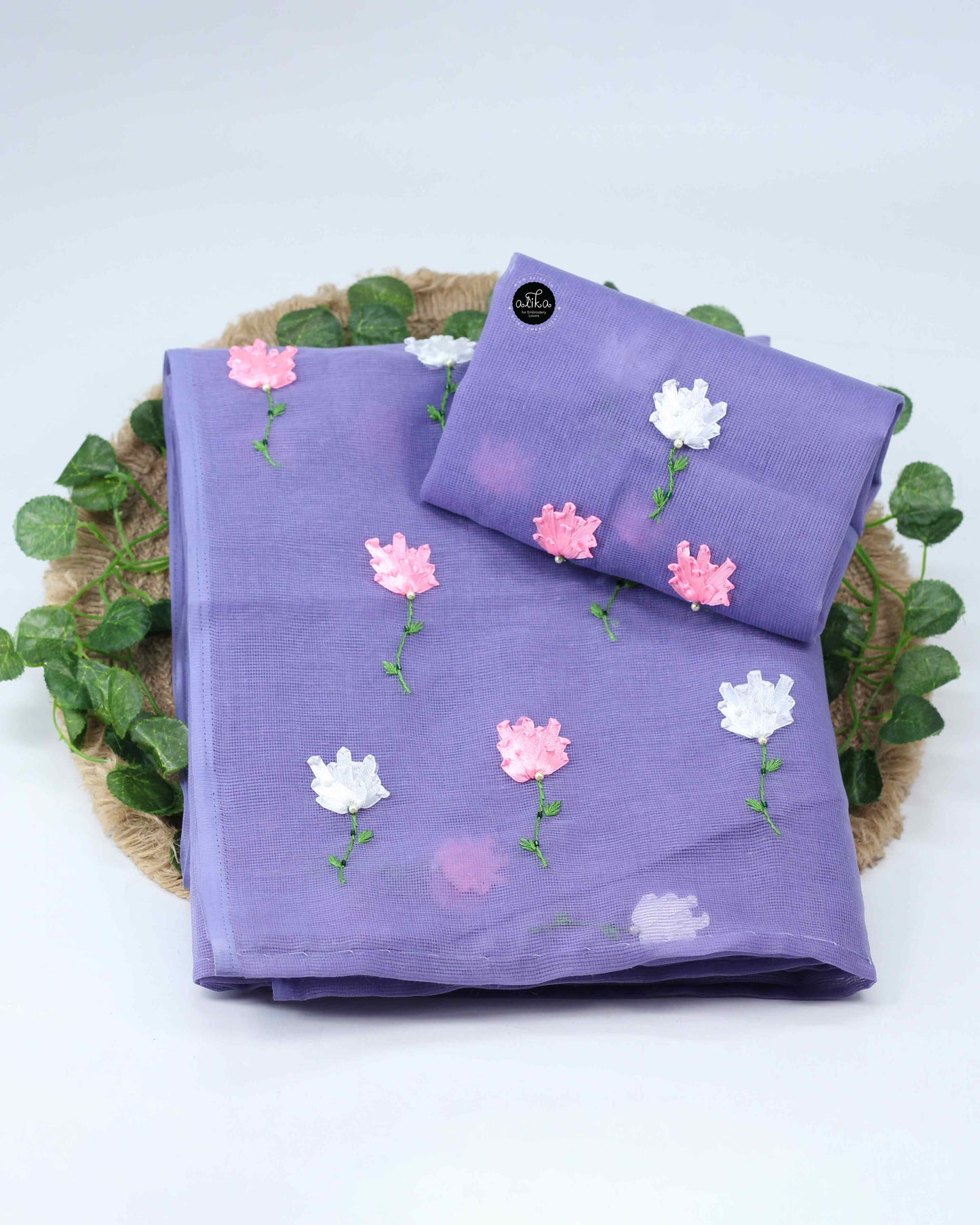 Lavender Kota Saree with Floral Ribbon Embroidery