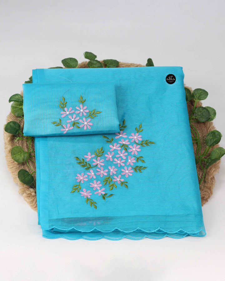 Bright Blue Kota Saree with Floral Machine Embroidery
