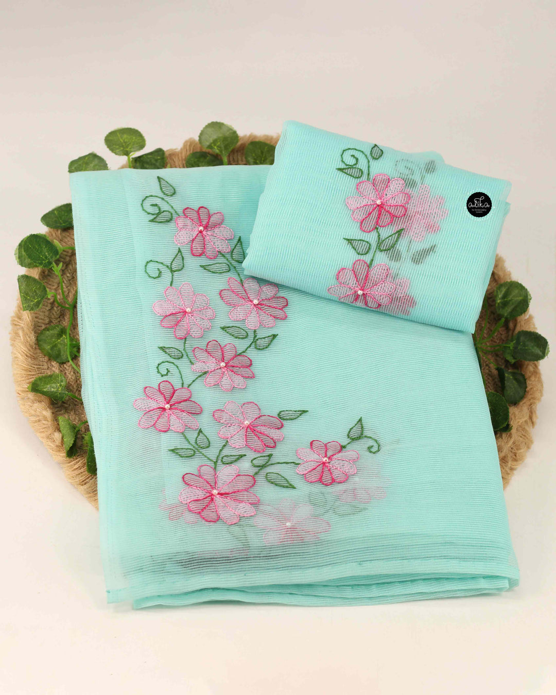 Light Aqua Blue Kota Saree with Floral Shadow Work