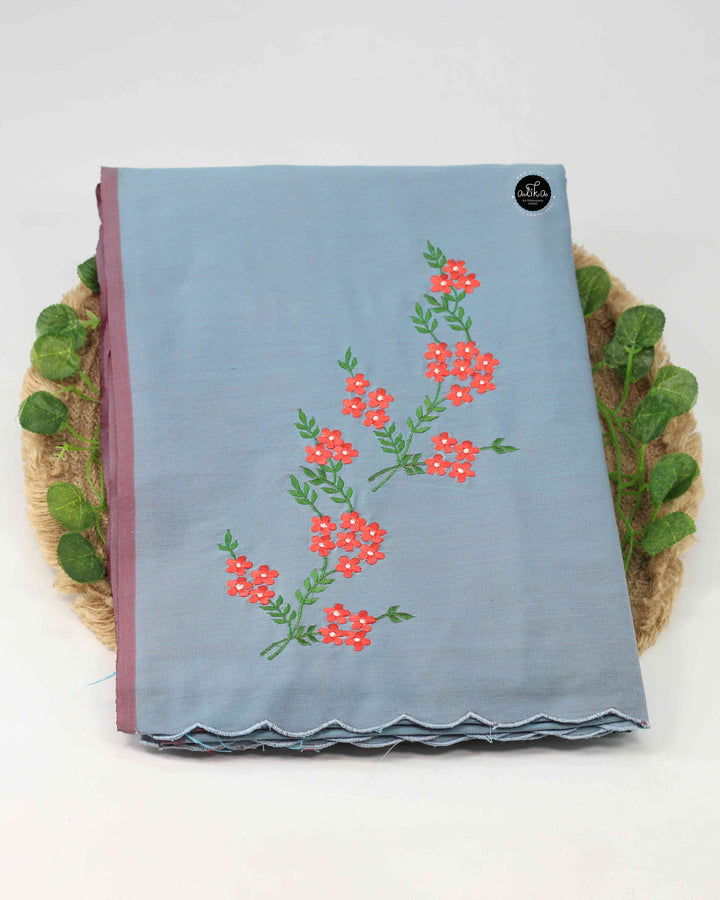Ash Blue Semi Silk Saree with Floral Machine Embroidery