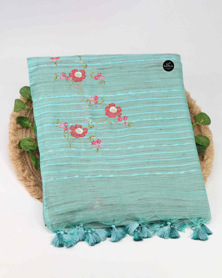 Sea Blue Semi Linen Saree with Floral Machine Embroidery