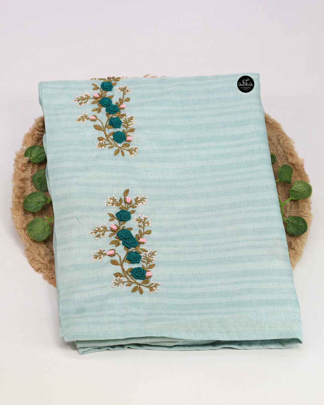 Light Blue Designer Silk Saree with Floral Hand Embroidery