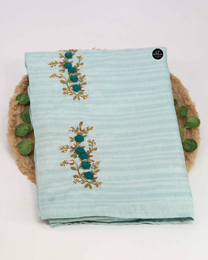 Light Blue Designer Silk Saree with Floral Hand Embroidery