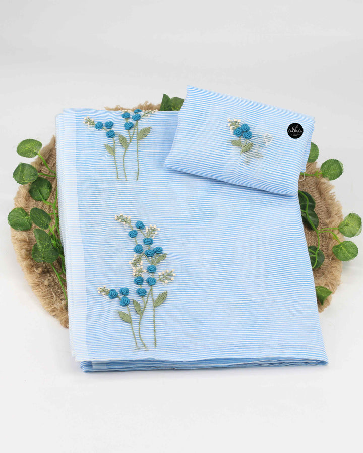Ice Blue Kota Saree with Floral Hand Embroidery