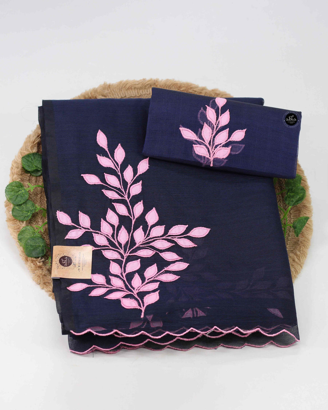 Dark Navy Blue Kota Saree with Floral Appliqué Work