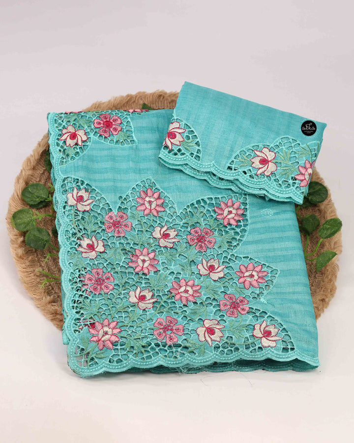 Light Aqua Green Semi Silk Saree with Floral Cutwork Embroidery