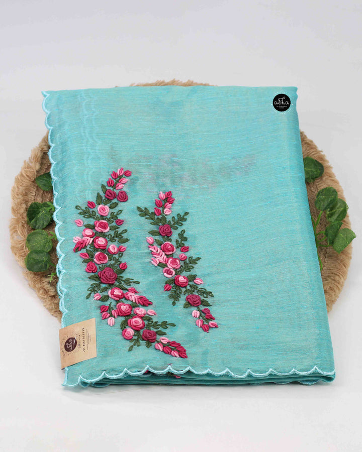 Sea Blue Semi Silk Saree with Floral Hand Embroidery