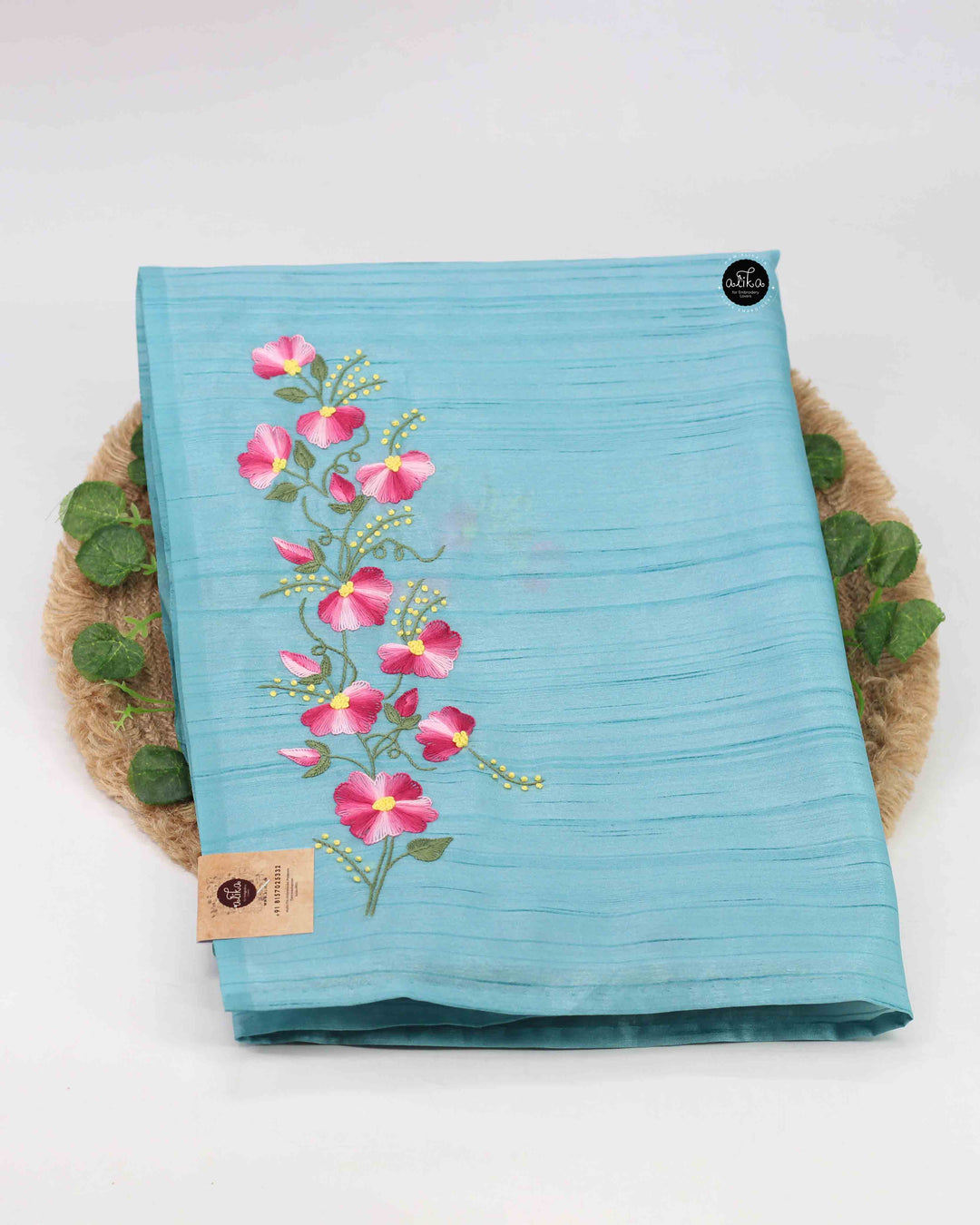 Light Blue Semi Silk Saree with Floral Hand Embroidery –
