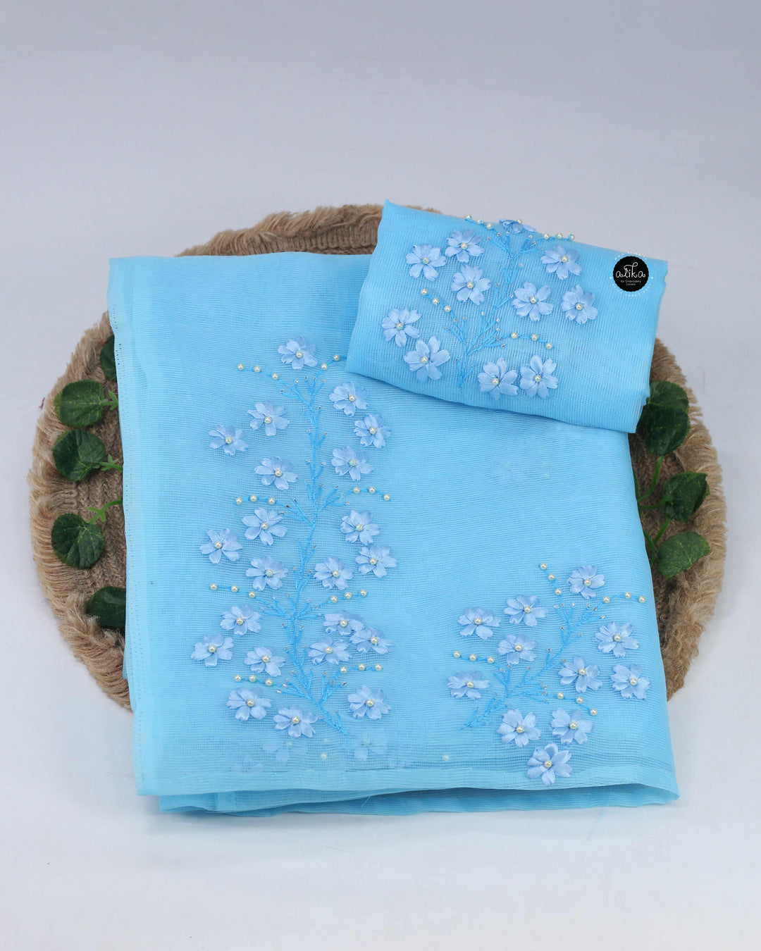 Light Blue Kota Saree with Floral Ribbon Work