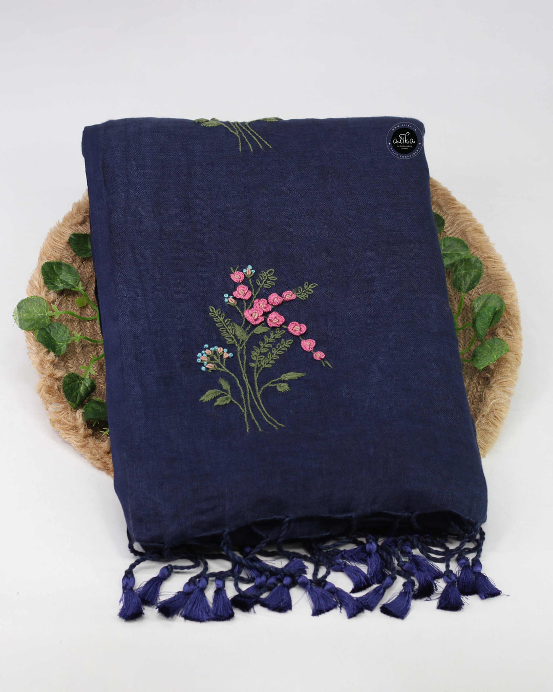Navy Blue Pure Linen Saree with Floral Hand Embroidery