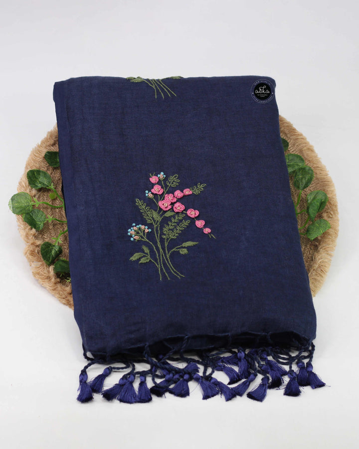 Navy Blue Pure Linen Saree with Floral Hand Embroidery