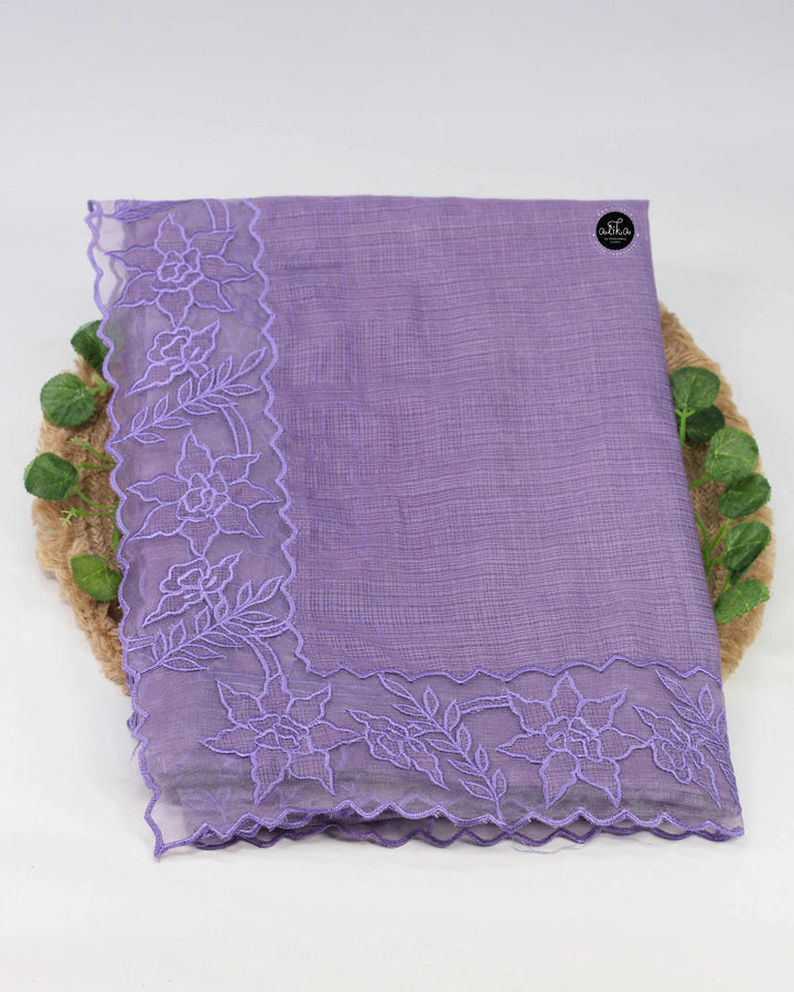 Lavender Silky Kota Saree with Floral Appliqué Border
