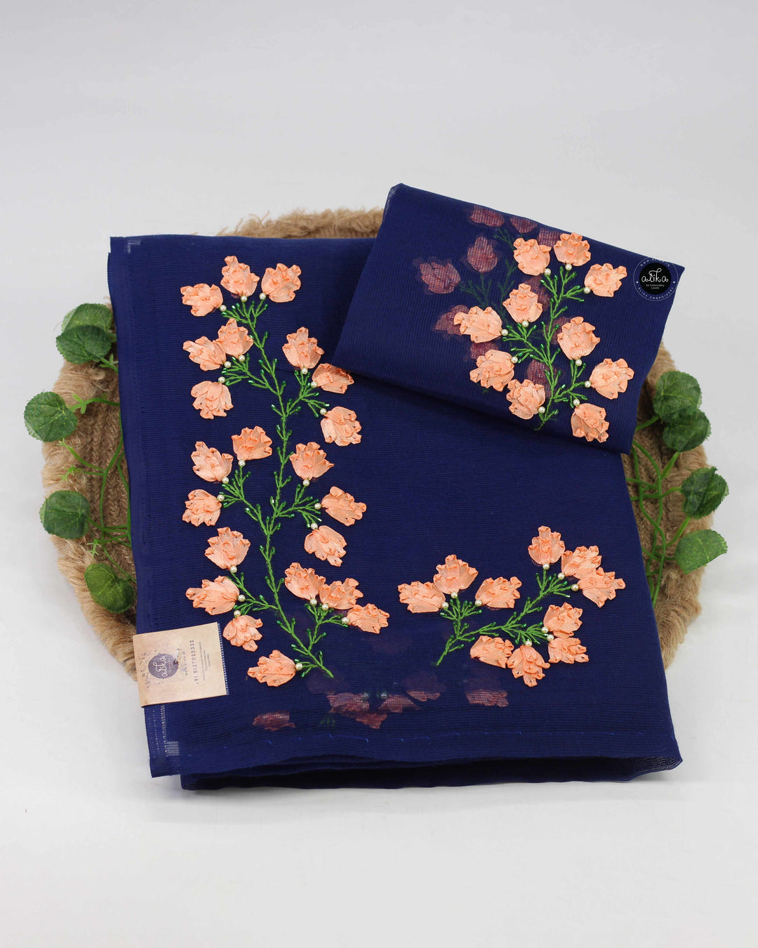 Navy Blue Kota Saree with Floral Ribbon Work