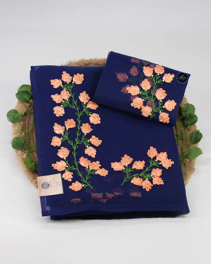 Navy Blue Kota Saree with Floral Ribbon Work