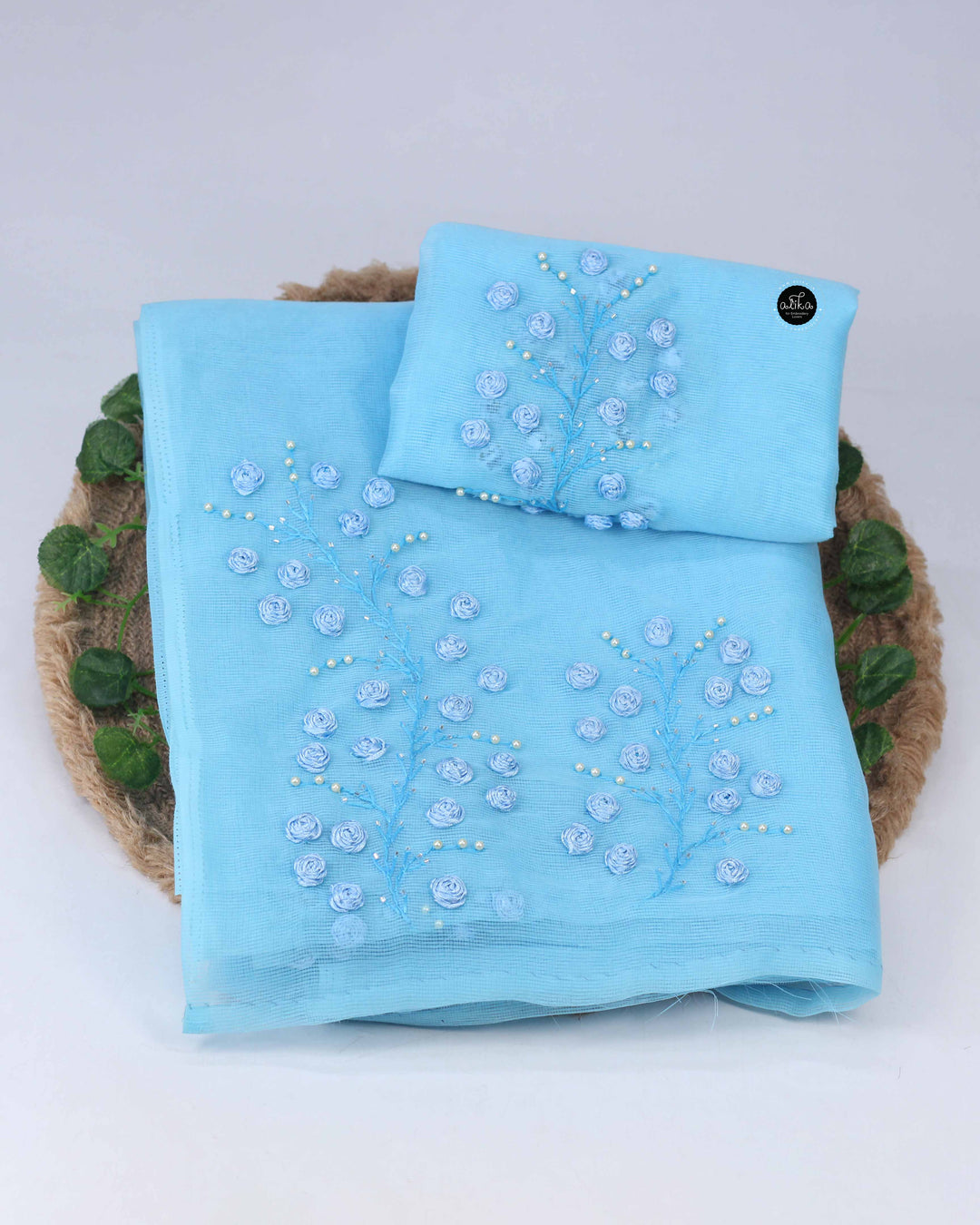 Light Blue Kota Saree with Floral Ribbon And Bead Work