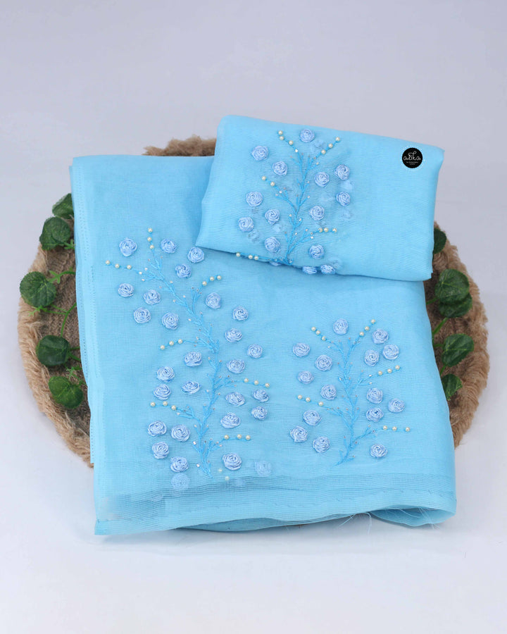 Light Blue Kota Saree with Floral Ribbon And Bead Work