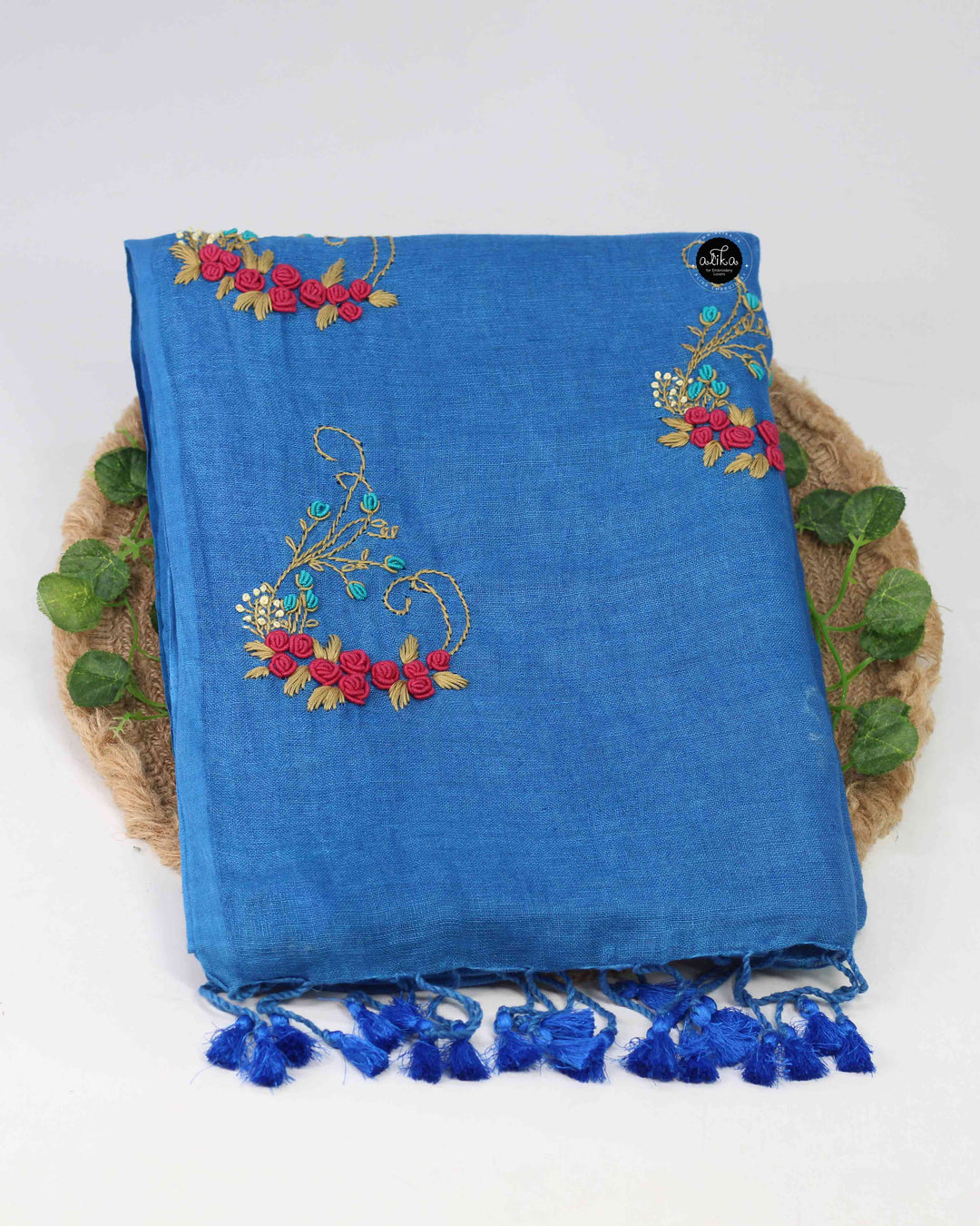 Royal Blue Pure Linen Saree with Floral Hand Embroidery