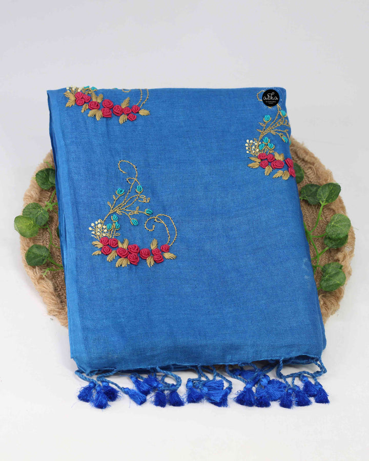 Royal Blue Pure Linen Saree with Floral Hand Embroidery