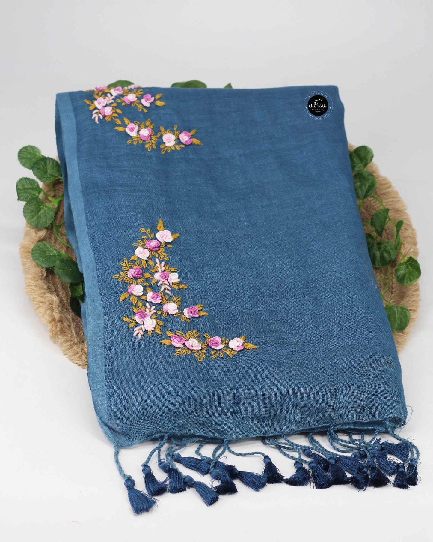 Grayish Blue Pure Linen Saree with Floral Hand Embroidery