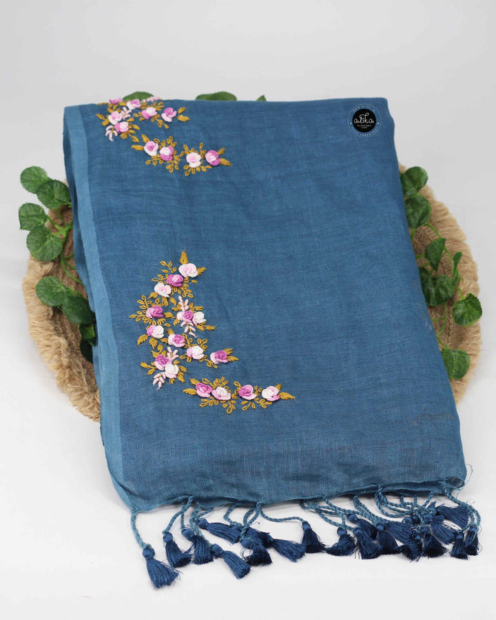 Grayish Blue Pure Linen Saree with Floral Hand Embroidery