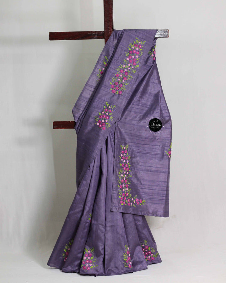 Lilac Semi Silk Saree with Floral Hand Embroidery
