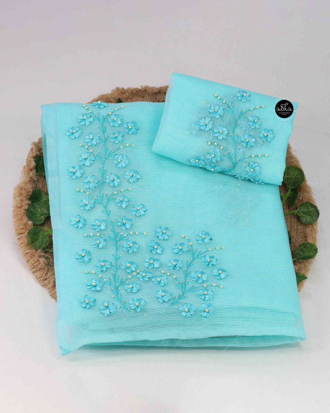 Light Blue Kota Saree with Floral Ribbon Work and Bead Work