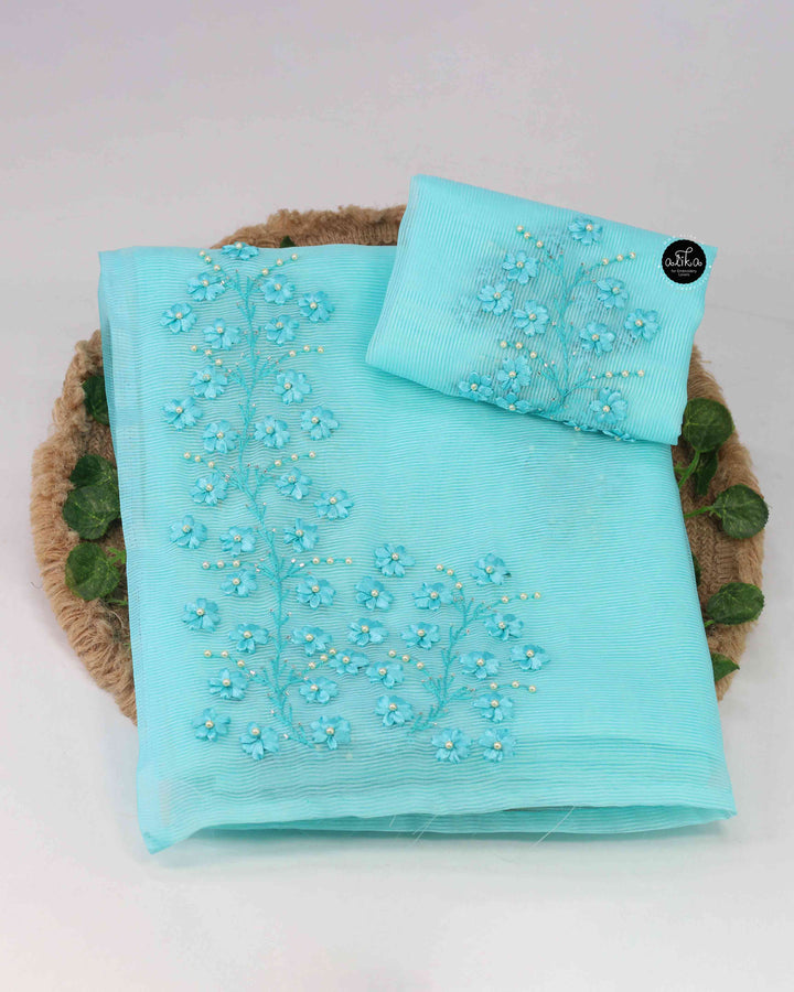 Light Blue Kota Saree with Floral Ribbon Work and Bead Work