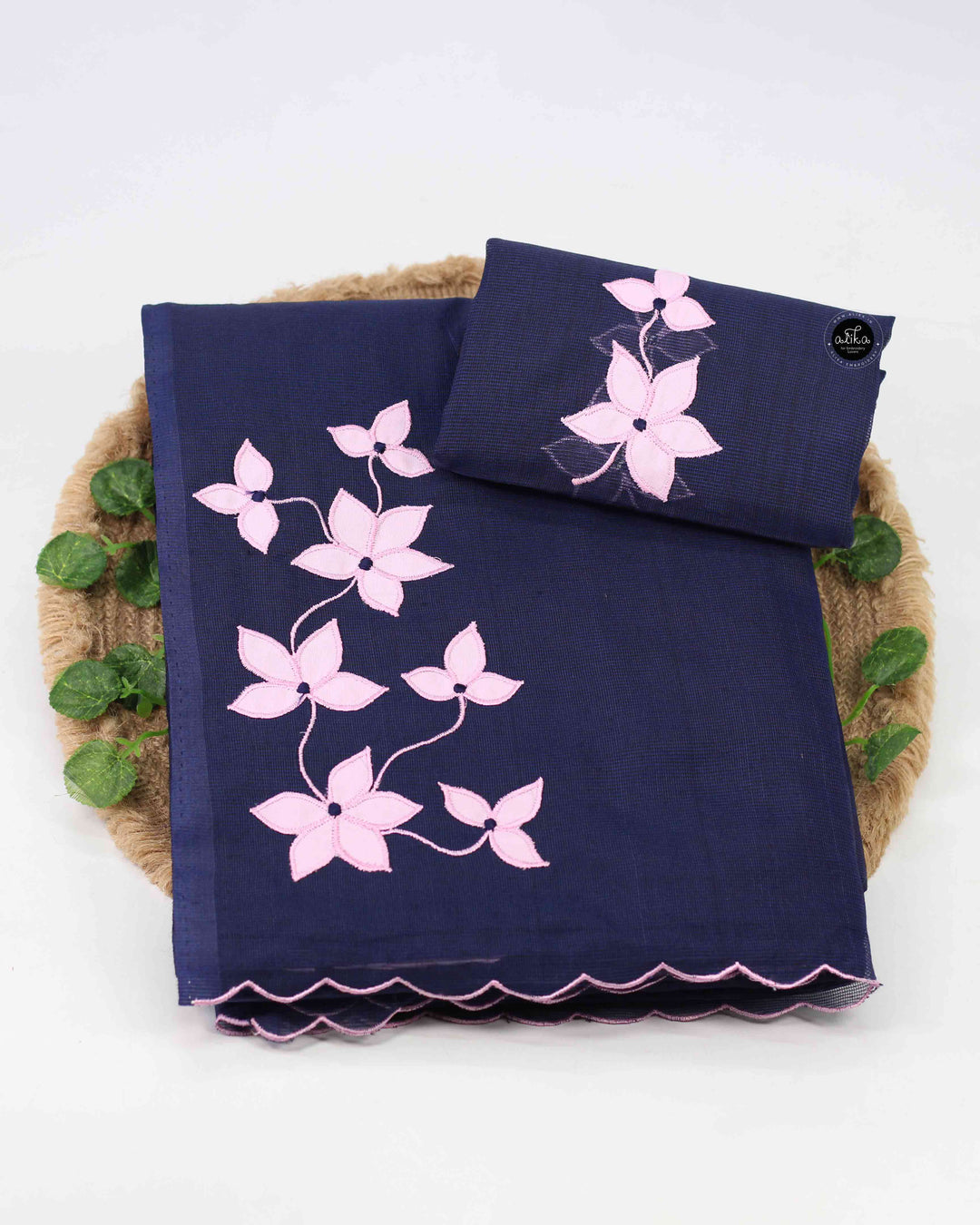 Dark Navy Blue Kota Saree with Floral Appliqué Work
