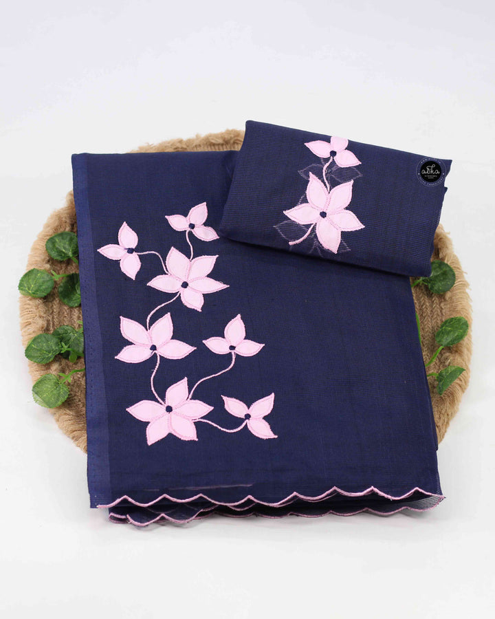 Dark Navy Blue Kota Saree with Floral Appliqué Work