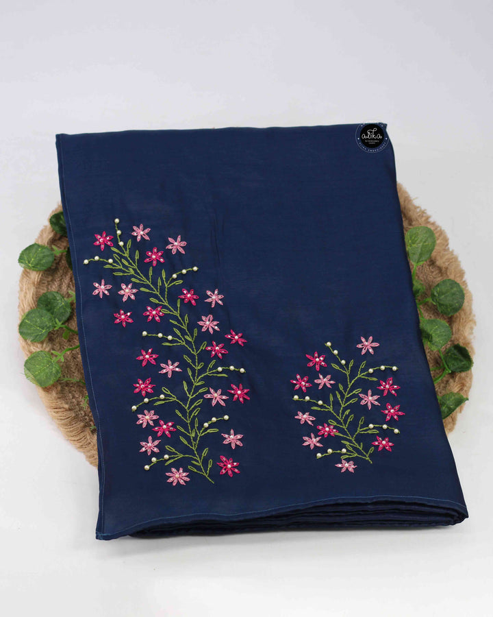 Navy Blue Designer Silk Saree with Floral Hand Embroidery &amp; Bead Work