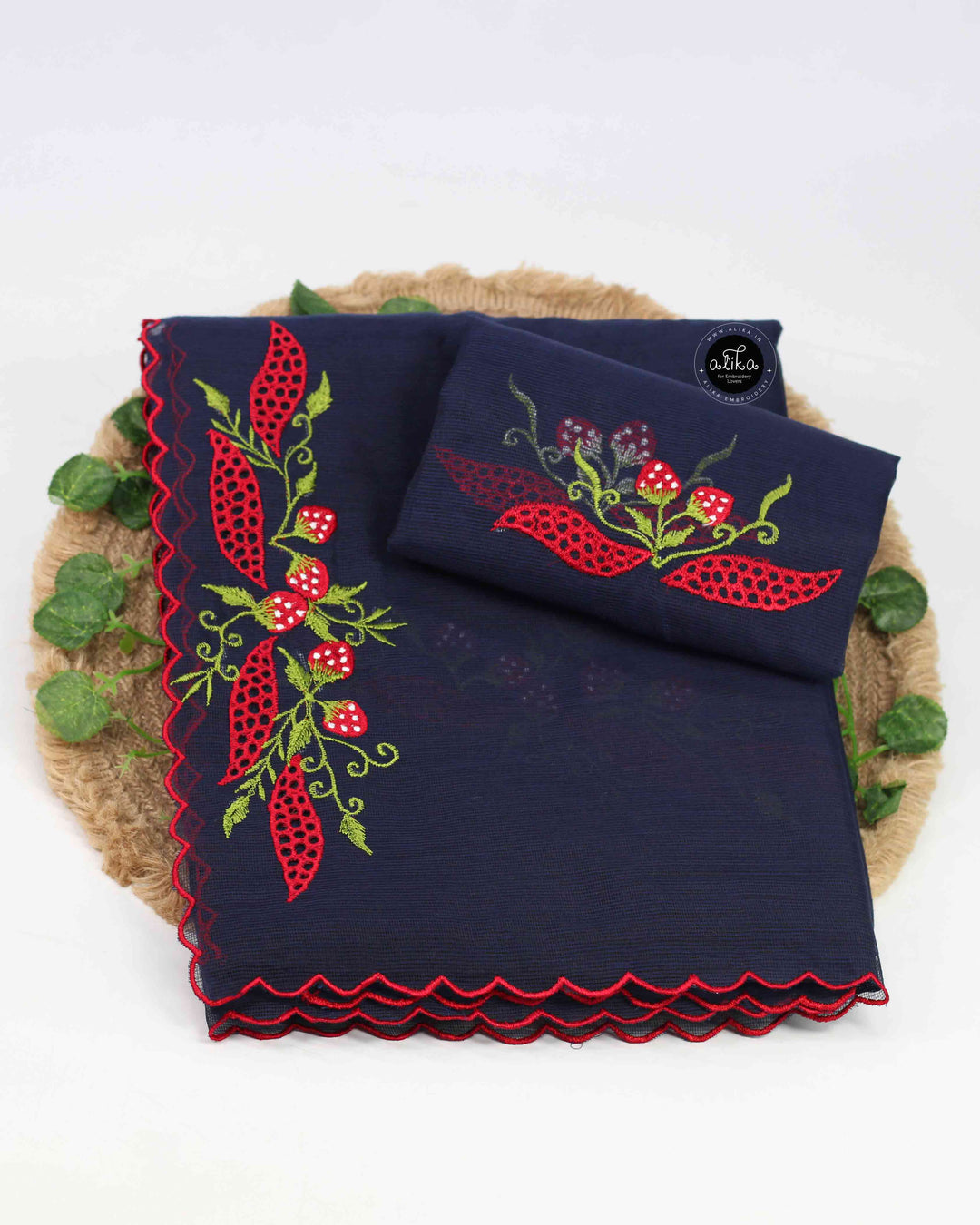 Dark Navy Blue Kota Saree with Floral Machine Embroidery &amp;Cutwork