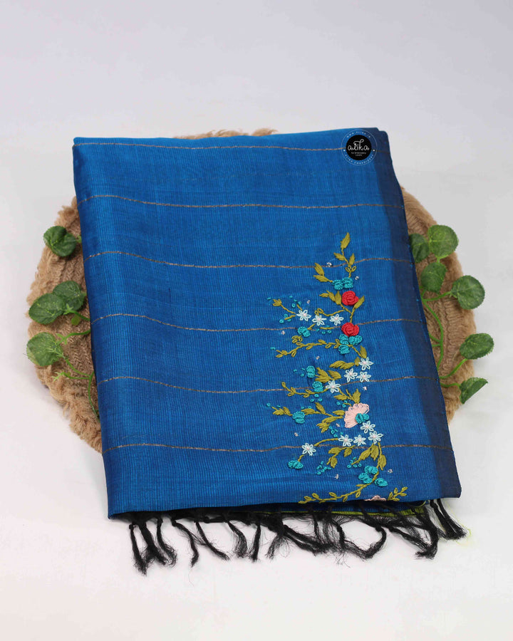 Blue &amp; Lemon Green Pure Mangal Giri Silk Saree with Floral Hand Embroidery &amp; Bead Work