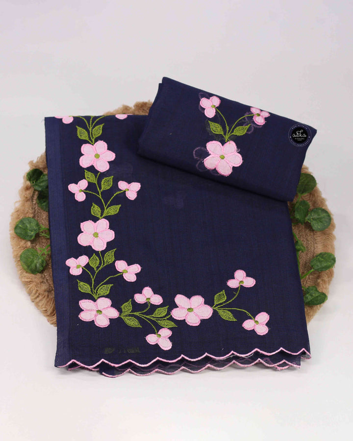 NAVY BLUE KOTA SAREE WITH FLORAL APPLIQUE WORK