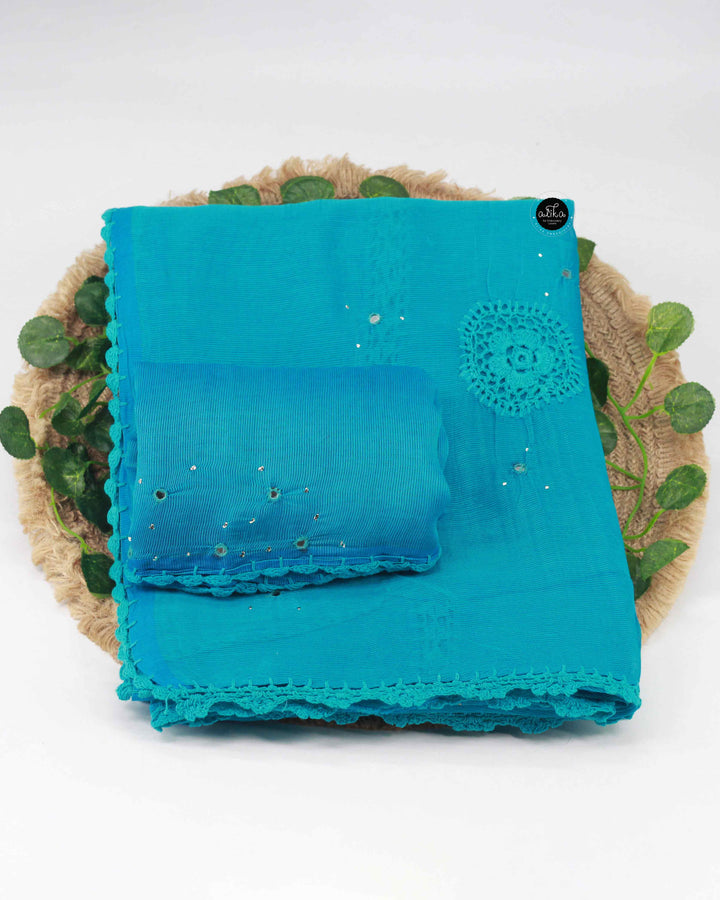 Blue Kota Doria Saree with Mirror Work