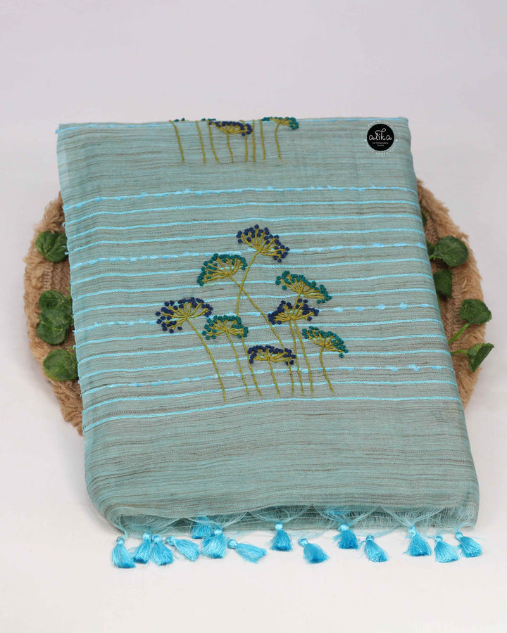 Sea Blue Bamboo Silk Saree with Floral Hand Embroidery