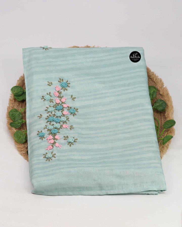 Pastel Blue Designer Silk Saree with Floral Hand Embroidery